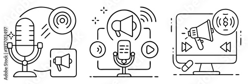Monochrome line art icons depicting podcasting promotion and audio marketing strategies