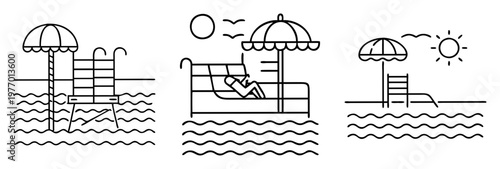 minimalist beach scene illustrations featuring sunbathing relaxation and summer vacation vibes