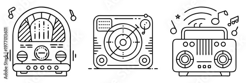 Set of three old fashioned radios in a simple outlined style