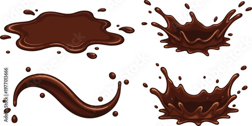 Chocolate Splash Illustration Set Featuring Drips, Splashes, and Fluid Patterns in Rich Cocoa Brown Color in Vector Design