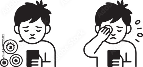 Person suffering from eye strain and fatigue while looking at a smartphone screen displays symptoms of digital ocular discomfort in this flat icon set.