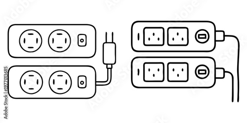Illustration of four power strips with a plug, all in black and white