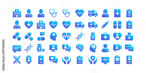Medical and Healthcare Gradient Icon Set. Modern Hospital Symbols Featuring Doctor, Ambulance, Medicine, DNA, Online Consultation, Brain Health, and Telemedicine.