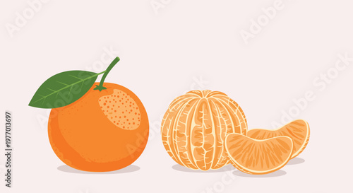 Whole tangerine with a green leaf and a peeled tangerine with slices isolated on a light pink background for design.