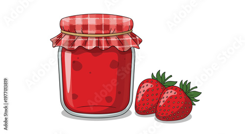 Glass jar filled with bright red strawberry jam with a checkered cloth lid and two fresh strawberries on white.
