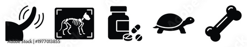 Essential veterinary health and animal care icons featuring a healing hand, dog xray, medicine bottle, pet turtle, and bone, ideal for clinic brochures, pet food packaging, and animal