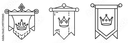 Three medieval kingdom banners with crowns for historical reenactment and fantasy