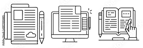 Conceptual illustration of creating, editing, reviewing content on paper, computer, book