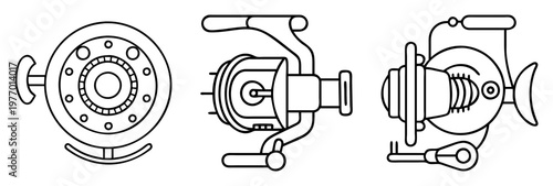 Three views of a fishing reel, in a black and white line drawing