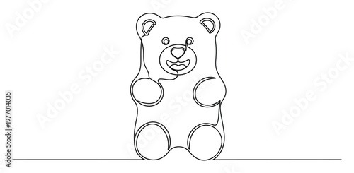 Continuous line drawing of a cheerful gummy bear candy, a sweet snack mascot, ideal for confectionery packaging, childrens products, or playful event invitations.