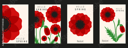 Hello Spring poster cover set. Vector illustration of Spring poppy flowers bold message on light beige backgorund. Beautiful springtime card poster collection. EPS 10