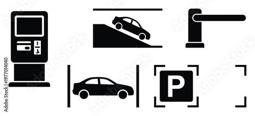 Parking and car service glyphs for interfaces and informational applications illustrating automated payment systems, garage access, and vehicle parking areas.