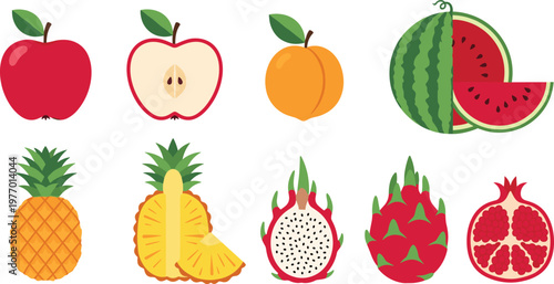 Fresh Tropical Fruit Vector Set Featuring Apple Peach Watermelon Pineapple Dragon Fruit and Pomegranate Elements for Healthy Organic Food Illustration and Summer Design.