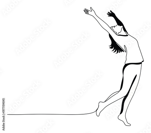 Continuous line drawing of a woman in an upwardreaching pose symbolizing freedom and aspiration perfect for wellness and dancerelated marketing materials