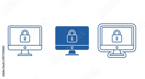 Three computer monitors displaying security lock icons in a row representing cybersecurity and data protection concepts