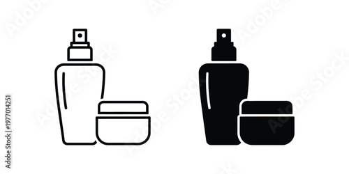 Two set cosmetic spray bottle and cream jar outline and solid styles