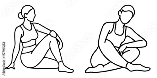 Outline drawing of two women sitting in different poses, line art