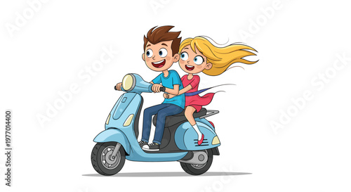 Happy boy and girl riding together on a blue motor scooter with their hair blowing in the wind on a clean white background.
