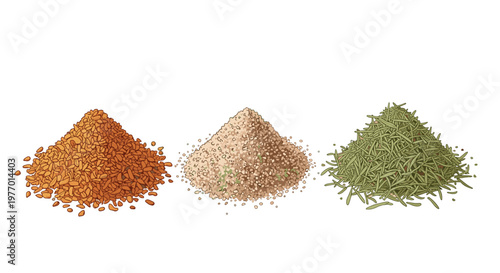 Three small mounds of different cooking ingredients including ground orange spice, beige flour or sand, and dried green herbs.