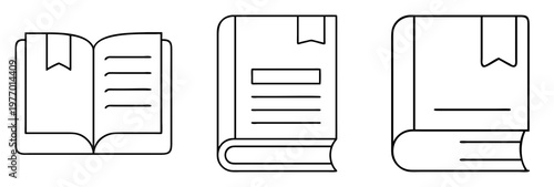 Simple Line Art Illustration of Three Books with Bookmarks and Lines