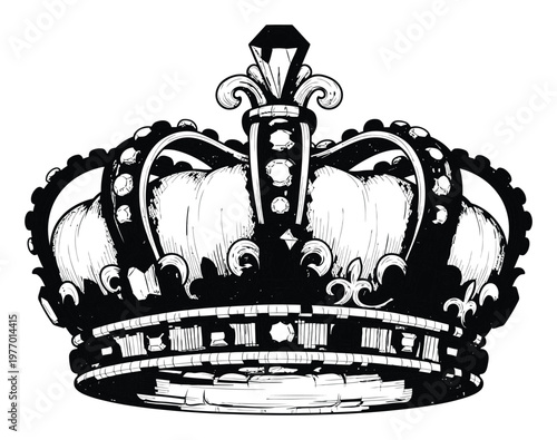 Majestic black and white crown representing power and nobility with richly detailed gems and regal accents, perfect for historical publications, ceremonial logos, or majestic event