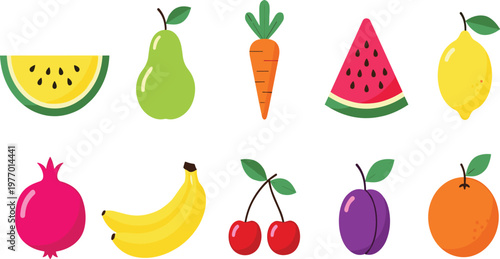 Flat Style Fruit and Vegetable Vector Set Featuring Watermelon Pear Carrot Lemon Pomegranate Banana Cherry Plum and Orange Elements for Healthy Food Illustration Design.