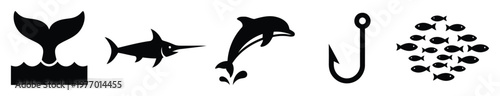 Dynamic collection of black marine life silhouettes including whale tail, jumping dolphin, swordfish, fish school, and fishing hook for aquatic projects and nautical themes.