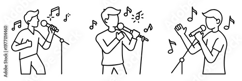 Three different line art of singers with microphones and musical notes