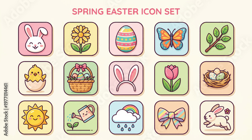 Spring Easter Icon Set Featuring Cute Bunnies Flowers And Easter Eggs