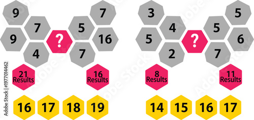 Hexagonal Grid Puzzle Illustration Set Featuring Numbers and Result Calculations with Interactive Question Mark in Vector Design