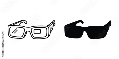 Two set outline and silhouette of rectangular eyeglasses or 3 d glasses