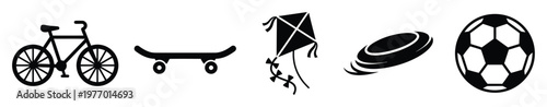 Black silhouette icons of outdoor activity toys including bicycle skateboard kite flying disc and soccer ball for sports recreation and childhood play concepts