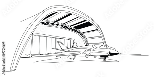 Modern black and white line drawing of a advanced jet fighter aircraft parked inside an arched military hangar, ideal for technology presentations, defense industry visuals, aviation
