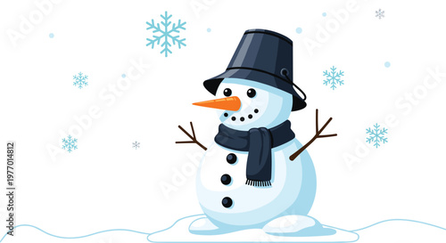 Cheerful snowman wearing a blue bucket as a hat and a matching dark scarf standing in the snow with falling snowflakes.