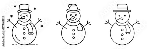 Line art illustration of three snowman with different hats and noses