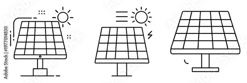 Set of Three Stylized Solar Panel Icons on a White Background