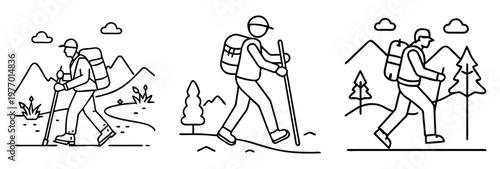 Three hikers with backpacks and trekking poles in the mountains line art