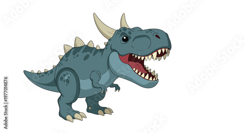 Powerful blue and grey carnotaurus dinosaur with two horns and sharp teeth standing against a white background.