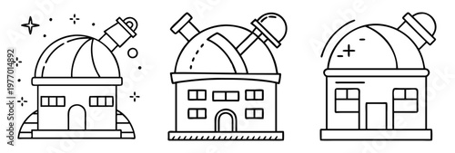 Three stylized observatories in line art form, showing astronomical research