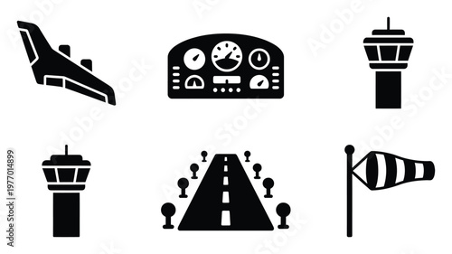 Professional collection of essential aviation and airport related icons representing an air traffic control tower, aircraft instrument panel, landing runway, windsock, and airplane