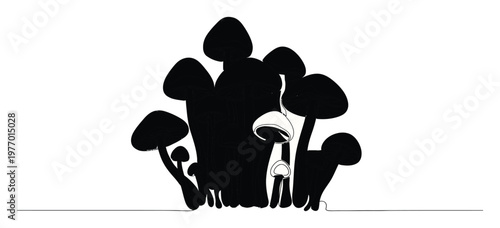 Group of stylized black mushrooms with white outlines growing from a single continuous line, perfect for minimalist nature themes and sophisticated graphic designs