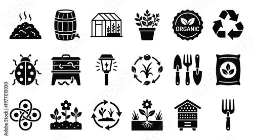 Sustainable gardening and organic farming black glyph icons perfect for environmental awareness projects agriculture presentations and ecological lifestyle promotions