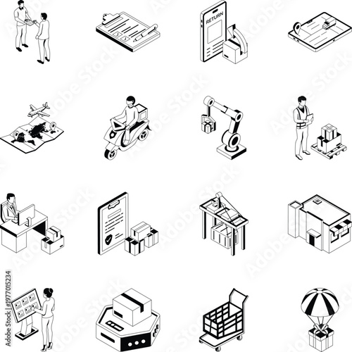 Pack of Logistics and Delivery Isometric Style Icons 
