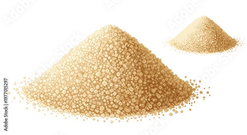 Mounds of brown sugar or coarse salt grains piled high on a white background with a secondary smaller pile in the distance.