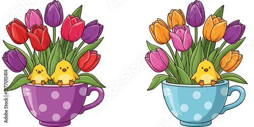 Spring Tulip Bouquet in Polka-Dot Cups with Baby Chicks Illustration Set in Vibrant Colors