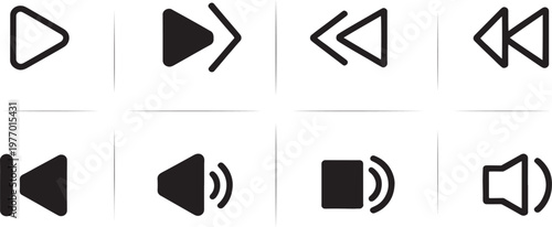 Navigation arrow icons and sound controls serve as fundamental interface components for managing playback sequences and volume levels within various digital media players.