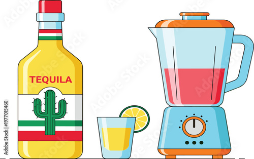 Tequila Bottle, Blender, and Cocktail Glass Illustration Set Featuring Margarita Ingredients and Refreshing Drink Preparation in Bright Vector Design