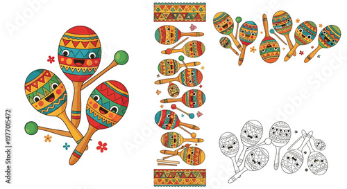 Set of cheerful cartoon maracas with happy faces and colorful patterns shown in various groupings and a line art version.