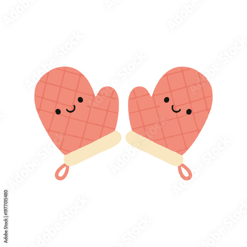Cute Pair of Oven Mitts Illustration, Kawaii Kitchen Gloves Character Flat Vector Design