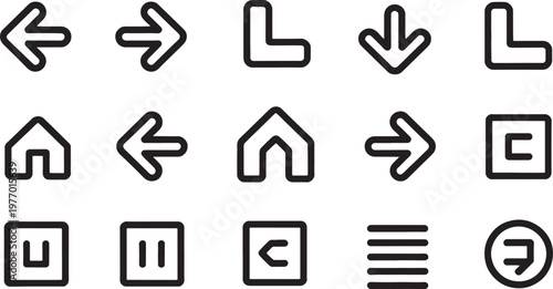 Symbols for website navigation and directional guidance are arranged in a clean grid for use in developing intuitive user interfaces for desktop and mobile digital platforms.